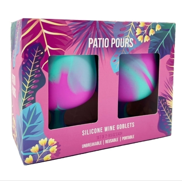 Patio Pours Silicone Wine Goblets Set Tie Dye Pink/Green 8.5 oz each - Picture 1 of 6